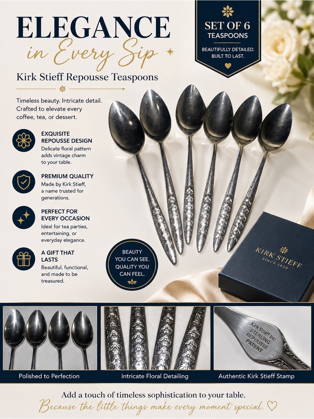 Kirk Stieff Repousse Teaspoons - Set of 6 - Antique Silver Finish